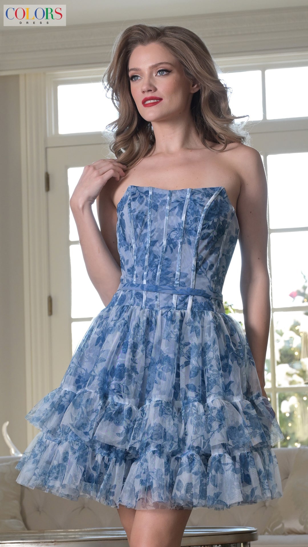 Cocktail Dresses Short Print Ruffle Mini Cocktail Dress Blue