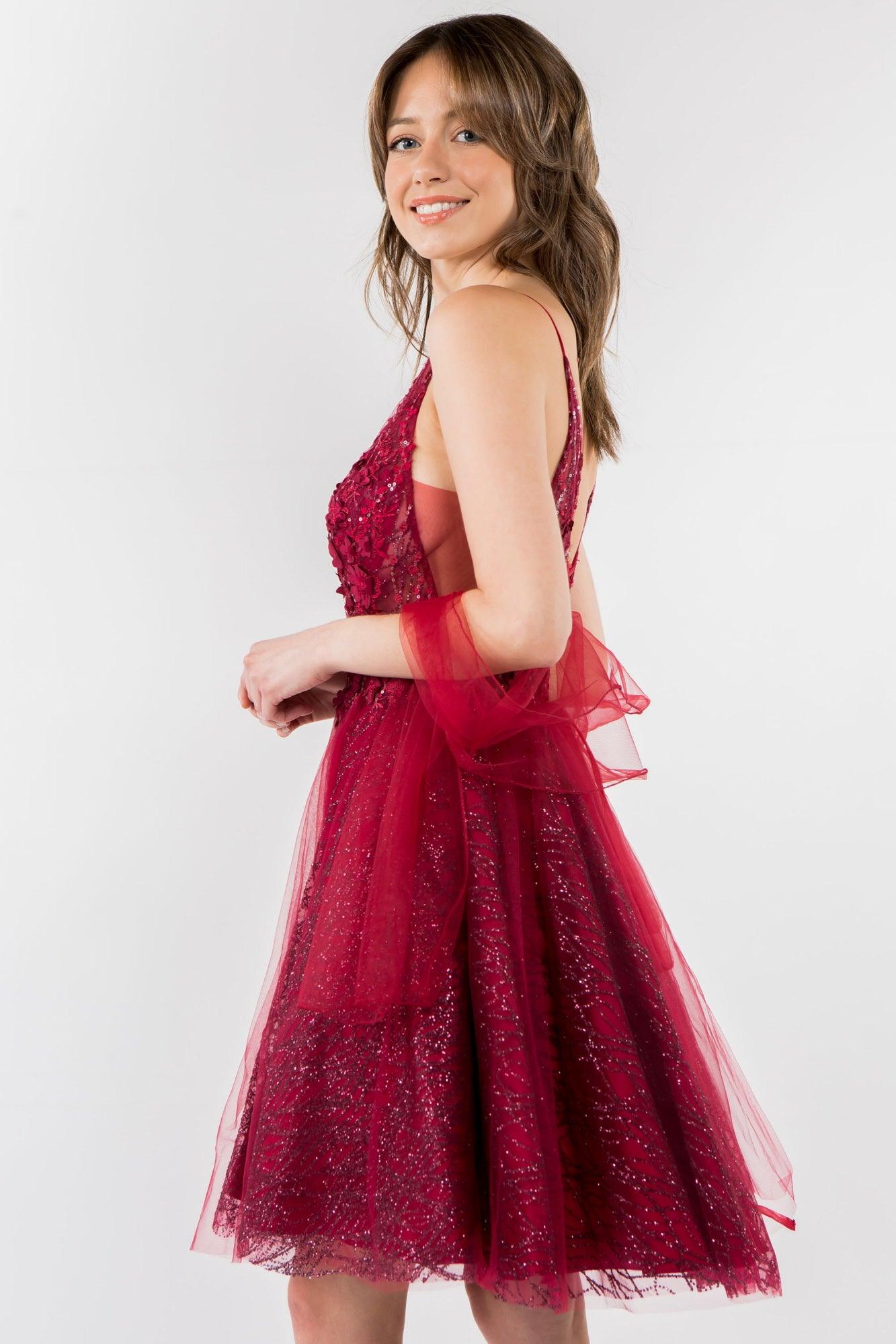 3D Floral Applique Short Homecoming Dress - The Dress Outlet