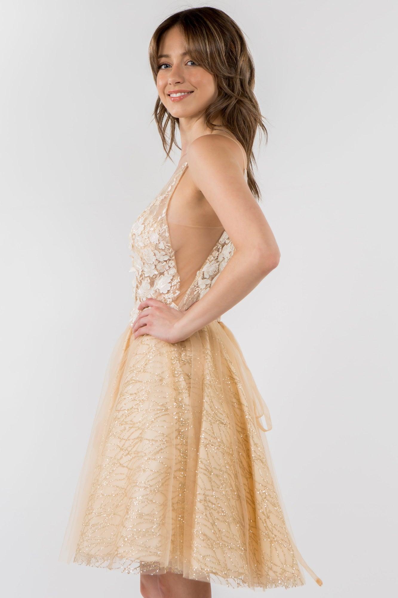 3D Floral Applique Short Homecoming Dress - The Dress Outlet