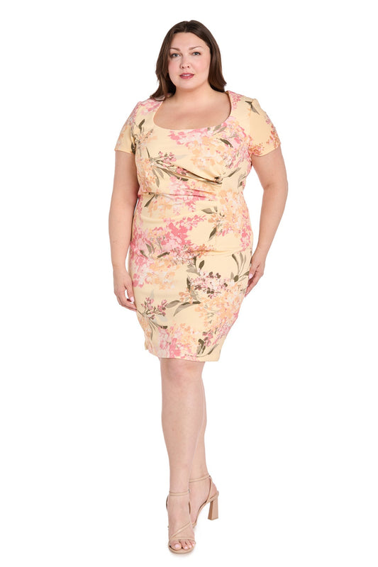 Plus Size Dresses Short Pleated Plus Size Printed Cocktail Dress Yellow