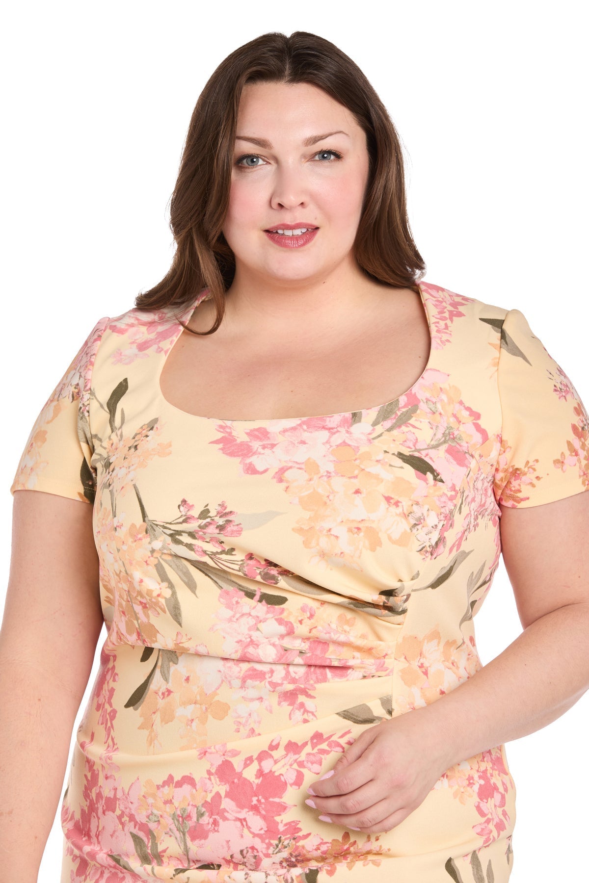 Plus Size Dresses Short Pleated Plus Size Printed Cocktail Dress Yellow