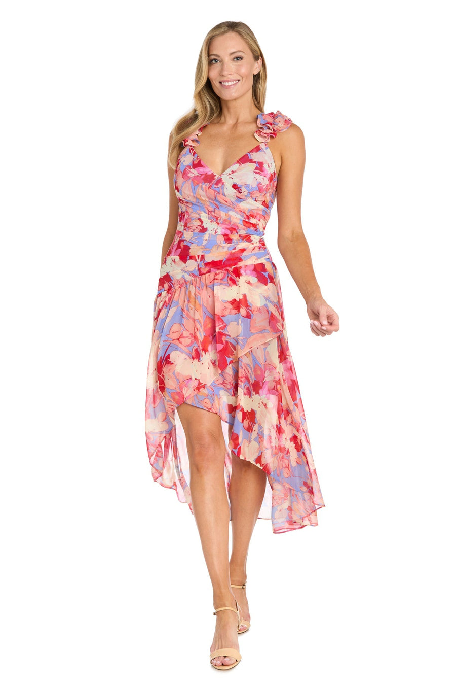 Cocktail Dresses Pleated High Low Printed Cocktail Dress Coral/Multi