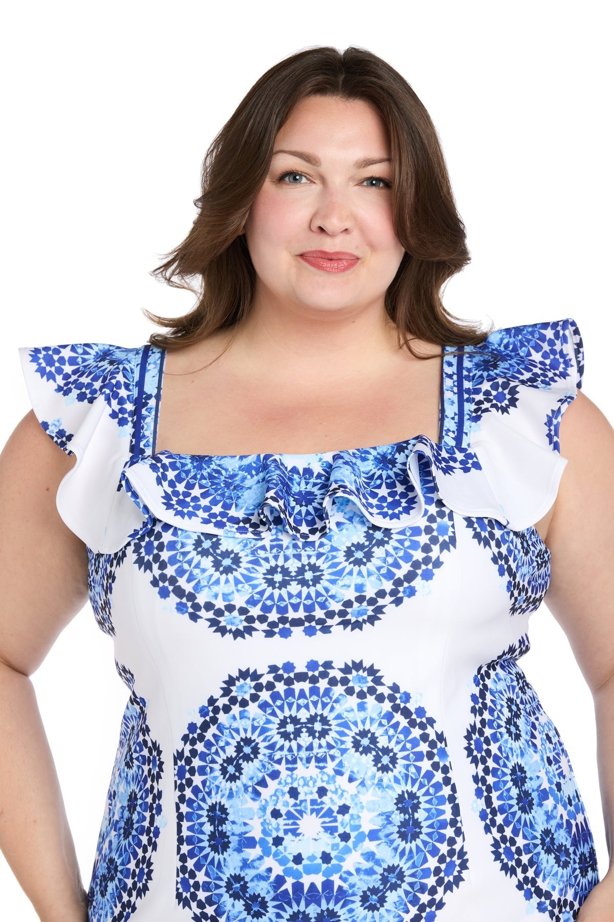 Plus Size Dresses Plus Size Short Printed Ruffle Dress White/Blue