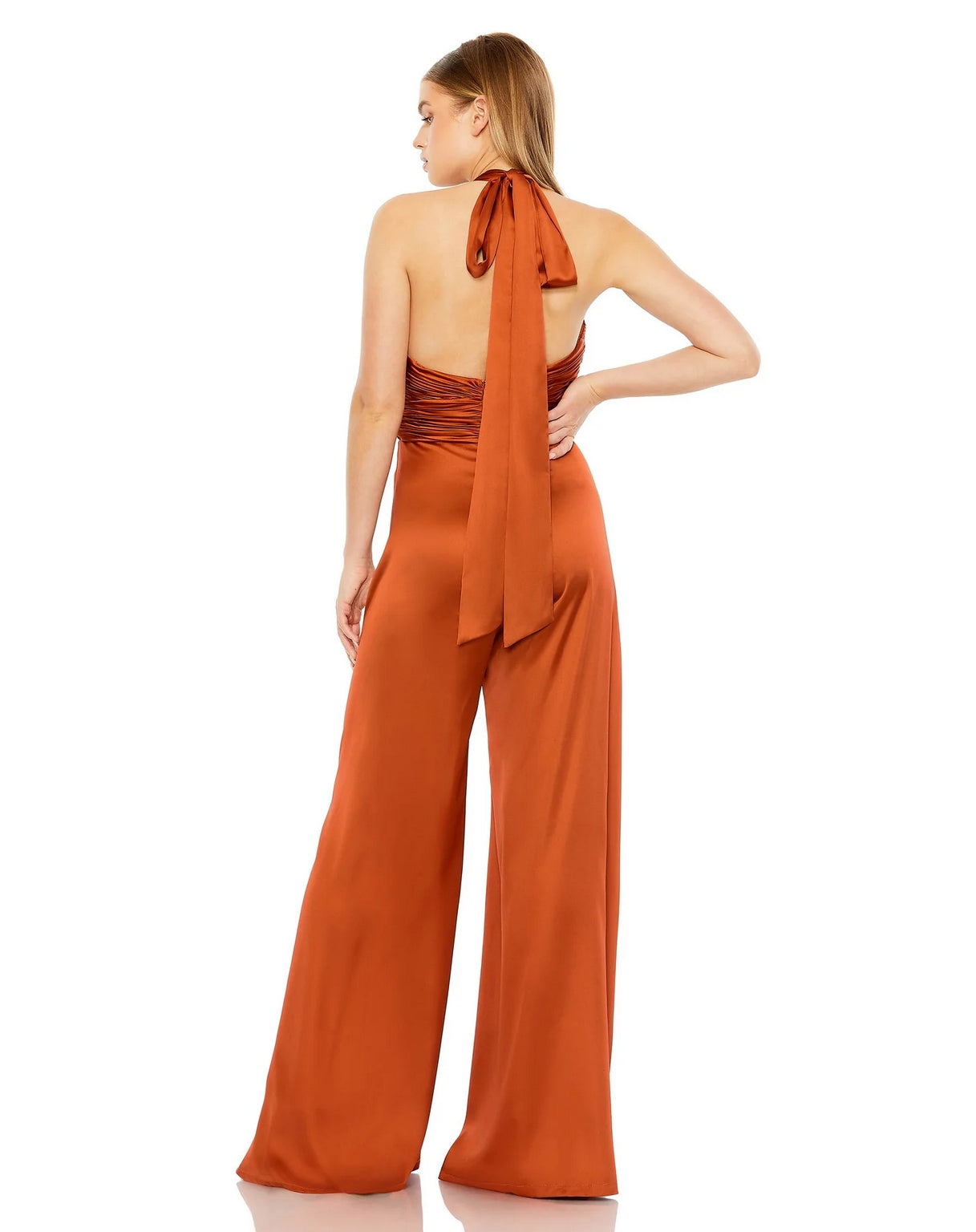 Formal Dresses Ruched Halter Top Wide Leg Satin Jumpsuit Rust