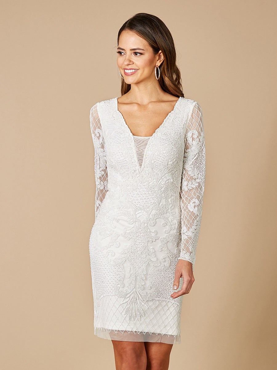 Cocktail Dresses Beaded Short Lace Cocktail Mini Dress Ivory