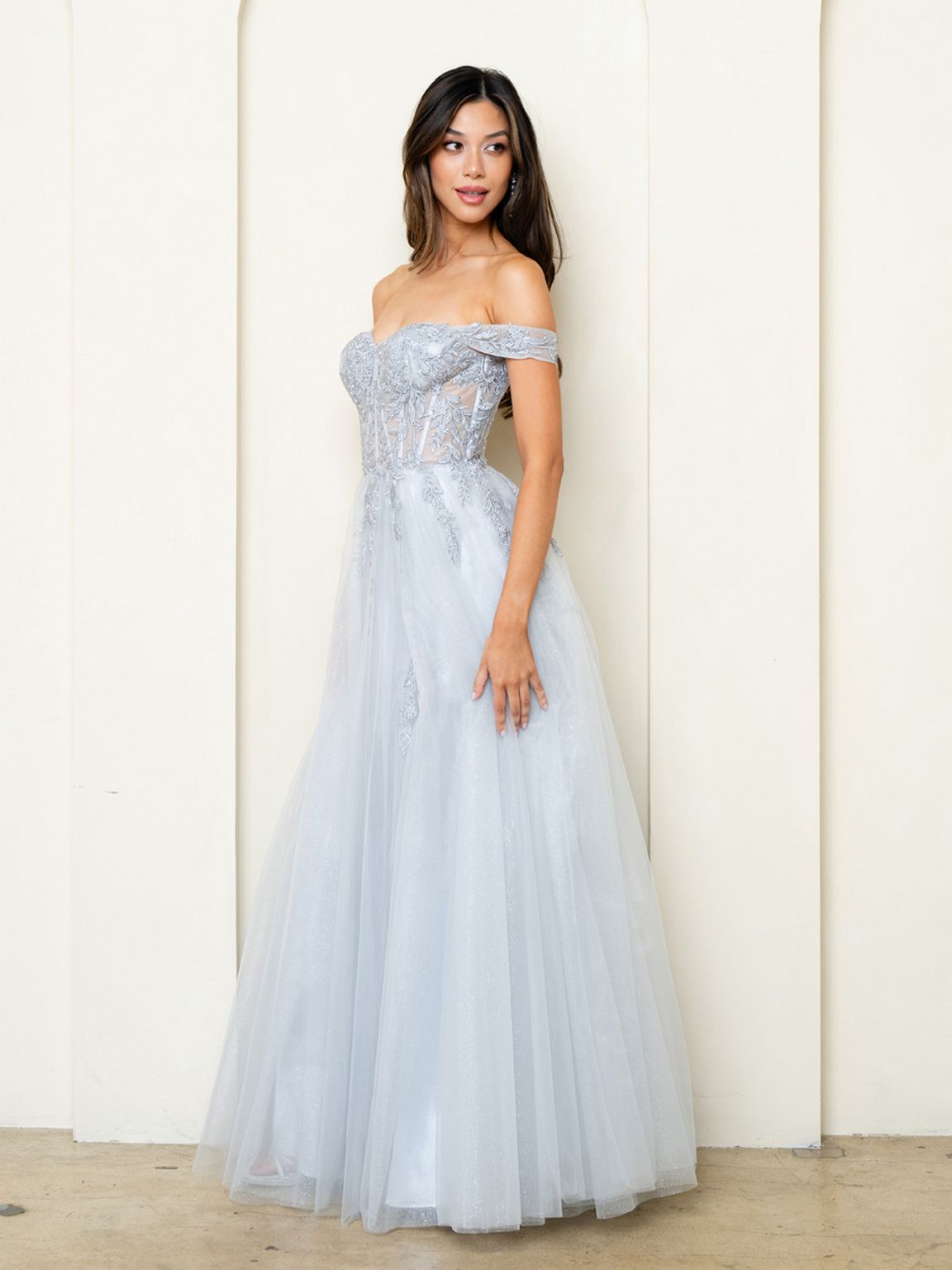 Long Formal A Line Slit Prom DressSilver