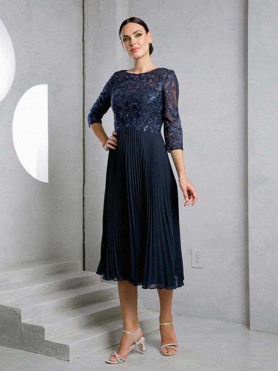 Mother of the Bride Dresses Short Pleated Lace Mother of the Bride Midi Dress Navy