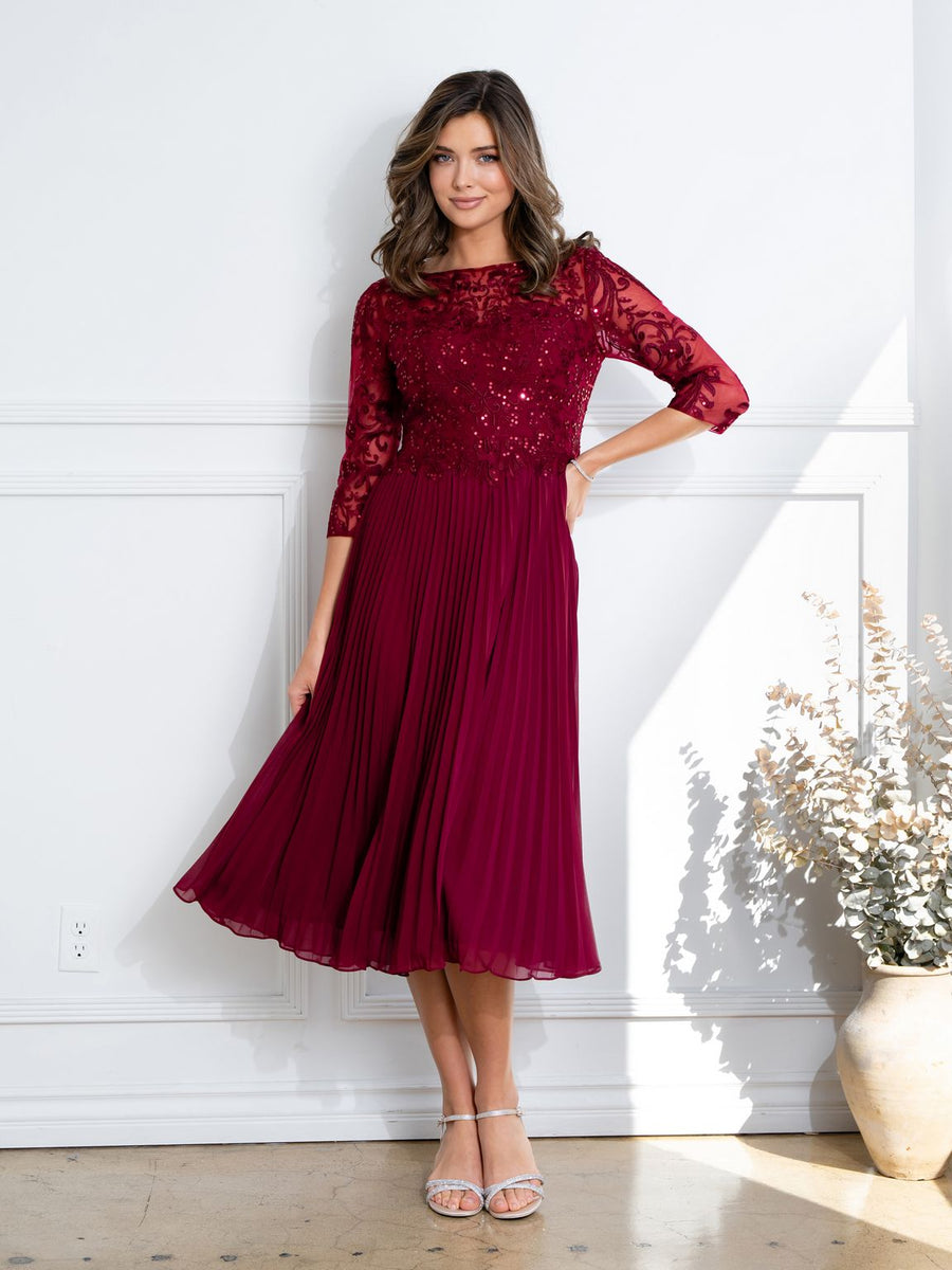 Mother of the Bride Dresses Short Pleated Lace Mother of the Bride Midi Dress Burgundy