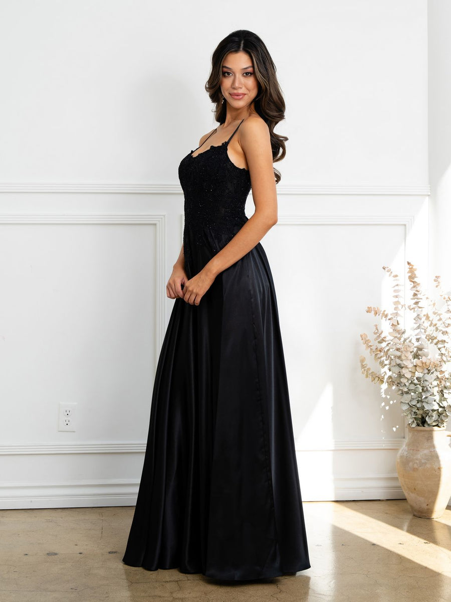 Prom Dresses A Line Long Formal Lace Applique Corset Prom Dress Black