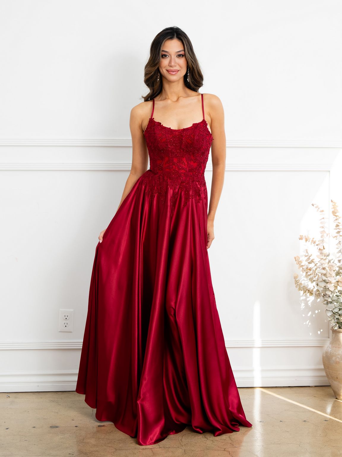 Prom Dresses A Line Long Formal Lace Applique Corset Prom Dress Burgundy