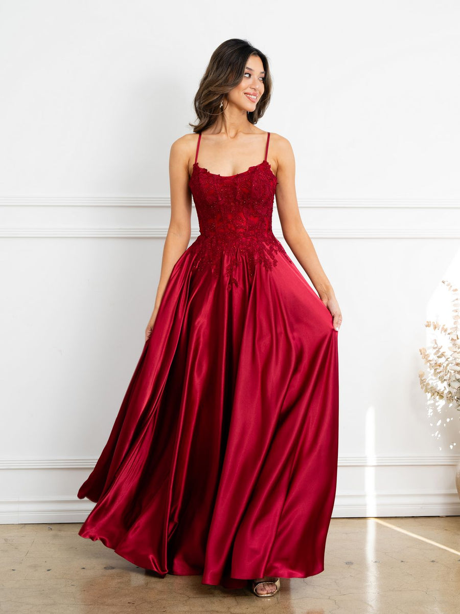 Prom Dresses A Line Long Formal Lace Applique Corset Prom Dress Burgundy