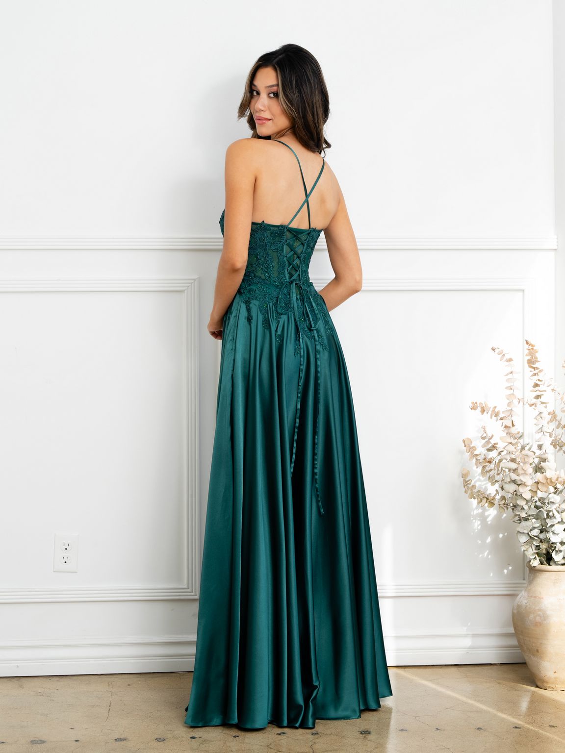 Prom Dresses A Line Long Formal Lace Applique Corset Prom Dress Hunter Green