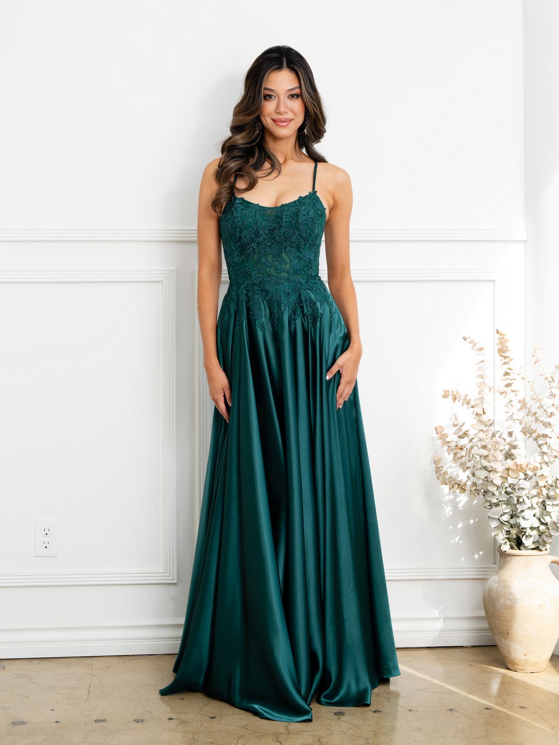 Prom Dresses A Line Long Formal Lace Applique Corset Prom Dress Hunter Green