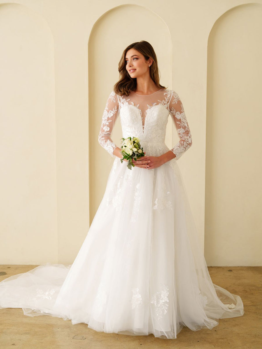 Wedding Dresses A Line Long Bridal Gown Lace Wedding Dress Off White