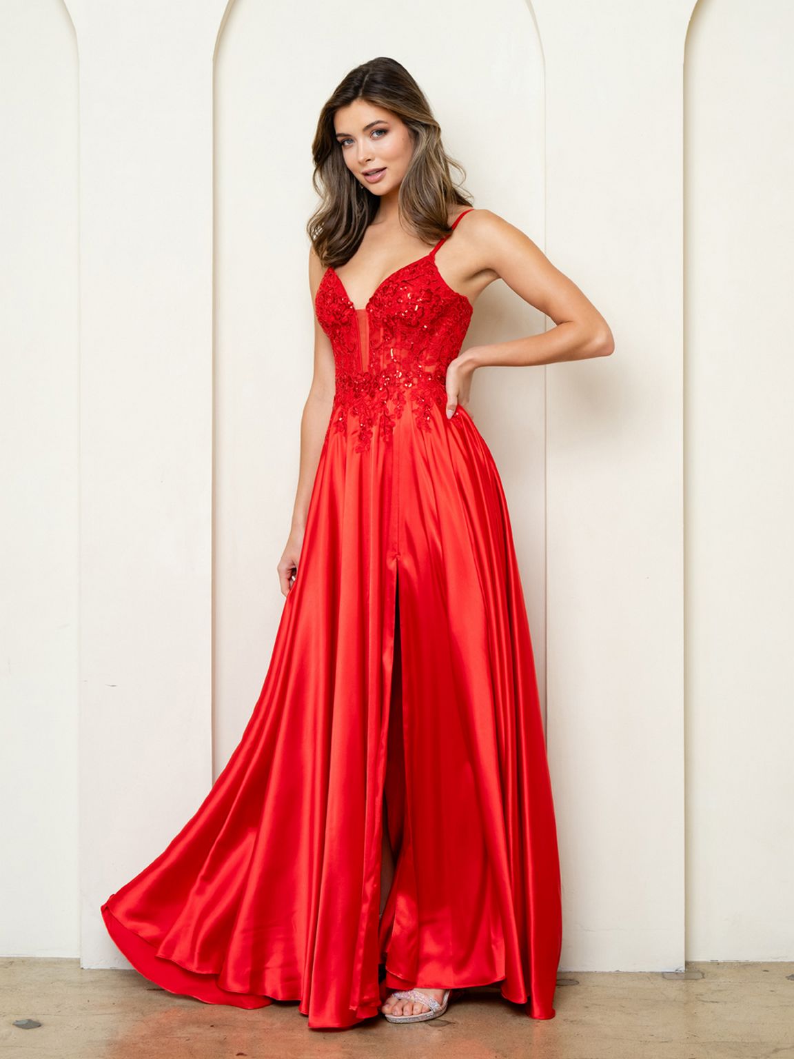 Prom Dresses A Line Long Formal Lace Sequin Prom Dress Red
