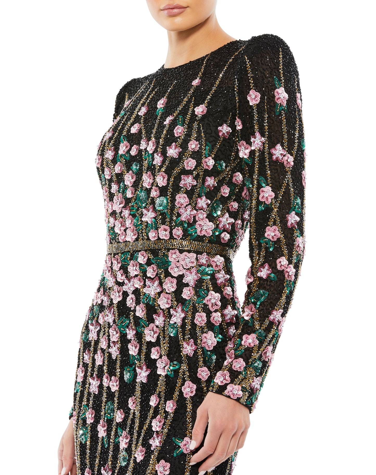 Formal Dresses Fitted Long Sleeve Floral Formal Evening Dress Black Multi