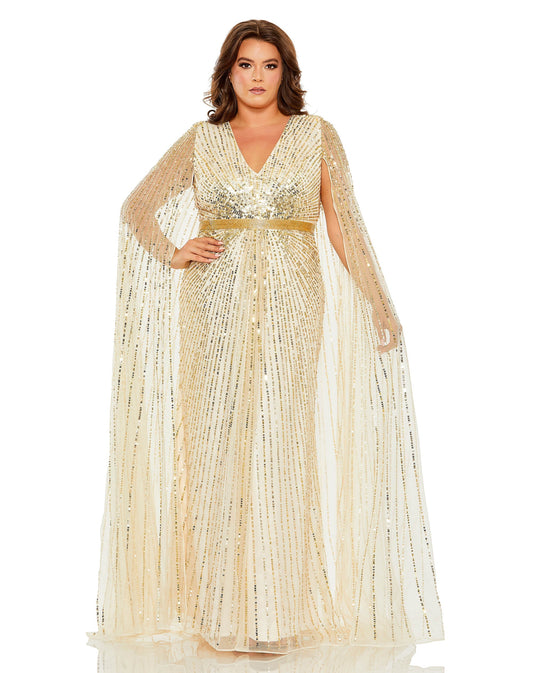 Plus Size Dresses Long Plus Size Sequined V Neck Cape Sleeve Dress Nude