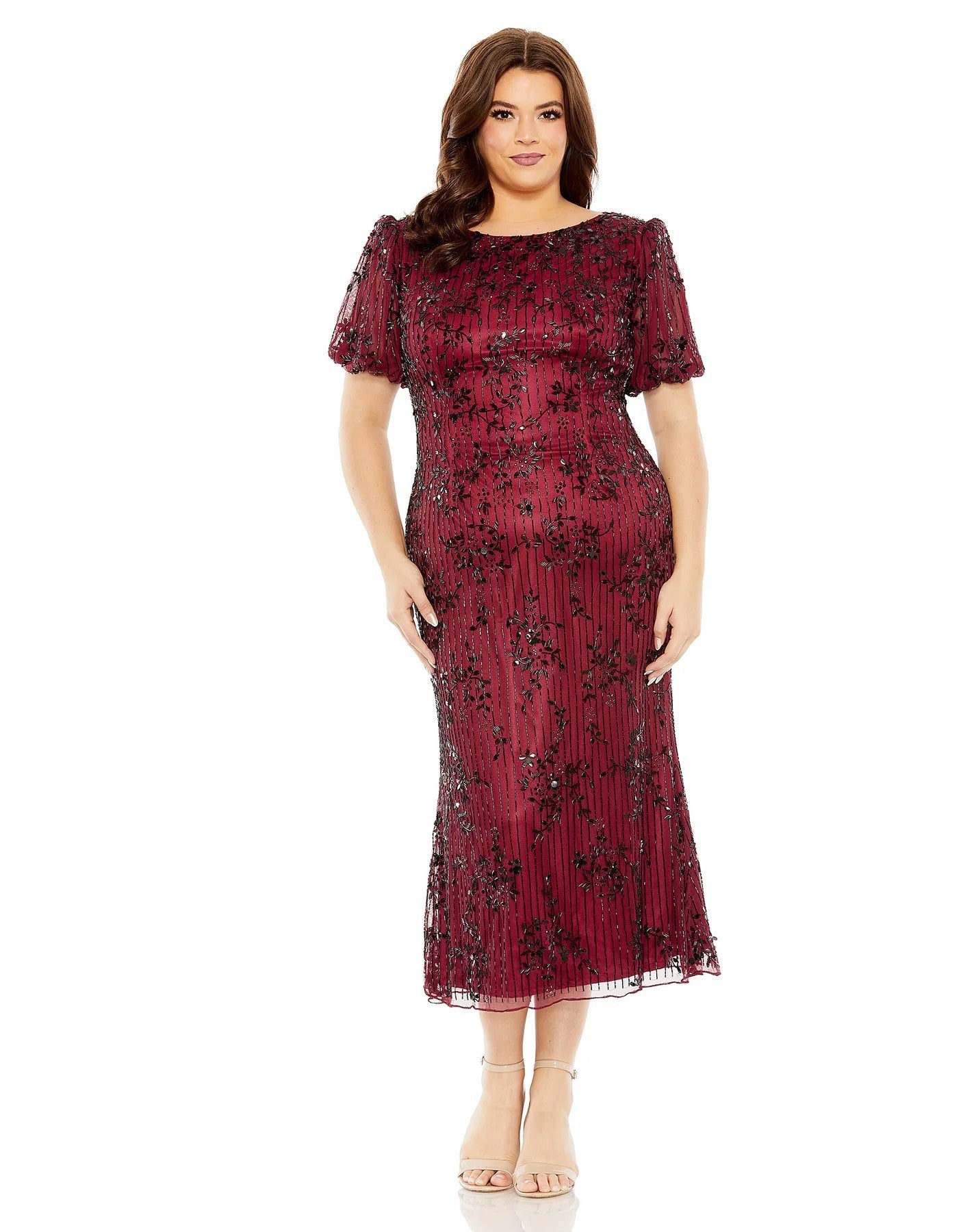 Plus Size Dresses Plus Size High Neck Puff Sleeve Embellished Midi Dress Burgundy