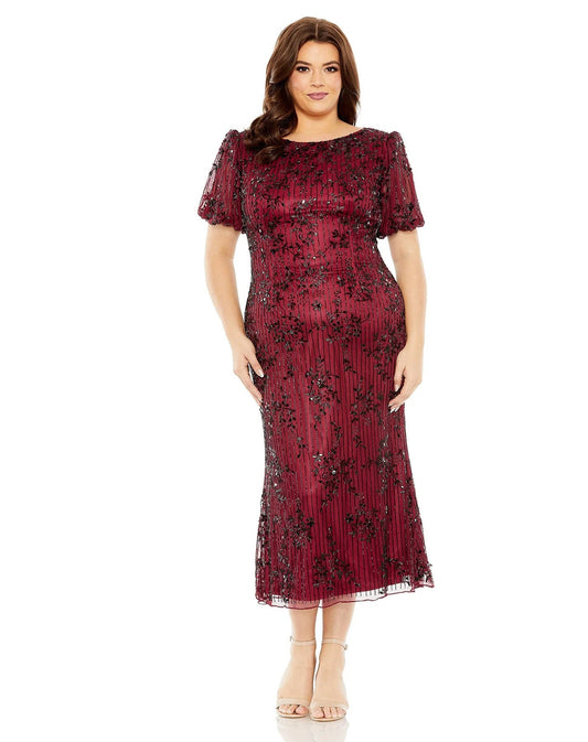 Plus Size Dresses Plus Size High Neck Puff Sleeve Embellished Midi Dress Burgundy