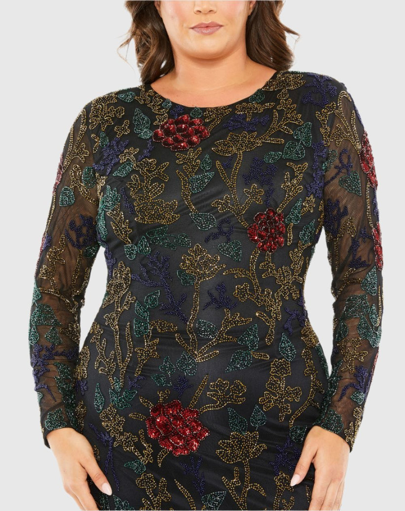 Plus Size Dresses Long Sleeve Plus Size Formal Beaded Evening Dress Black Multi