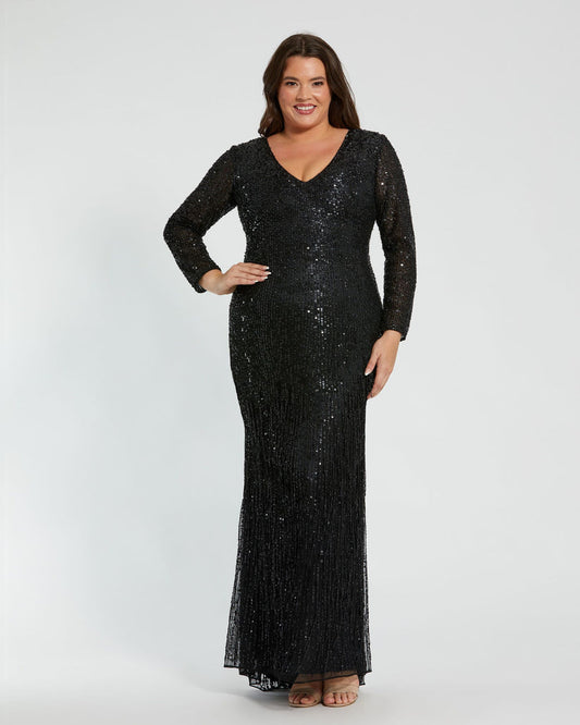 Plus Size Dresses Long Sleeve Beaded Fringe Plus Size Formal Dress Black