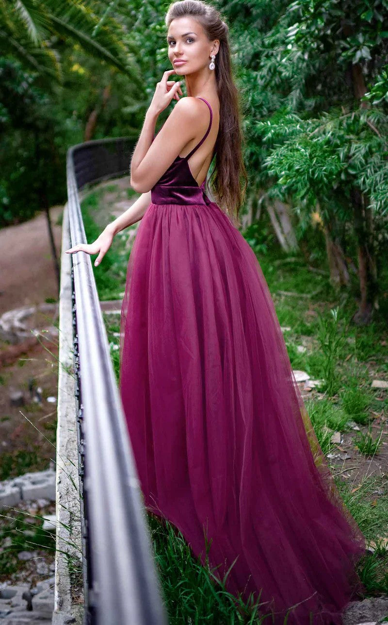 Prom Dresses A Line Long Slit Formal Overskirt Velvet Prom Dress Burgundy