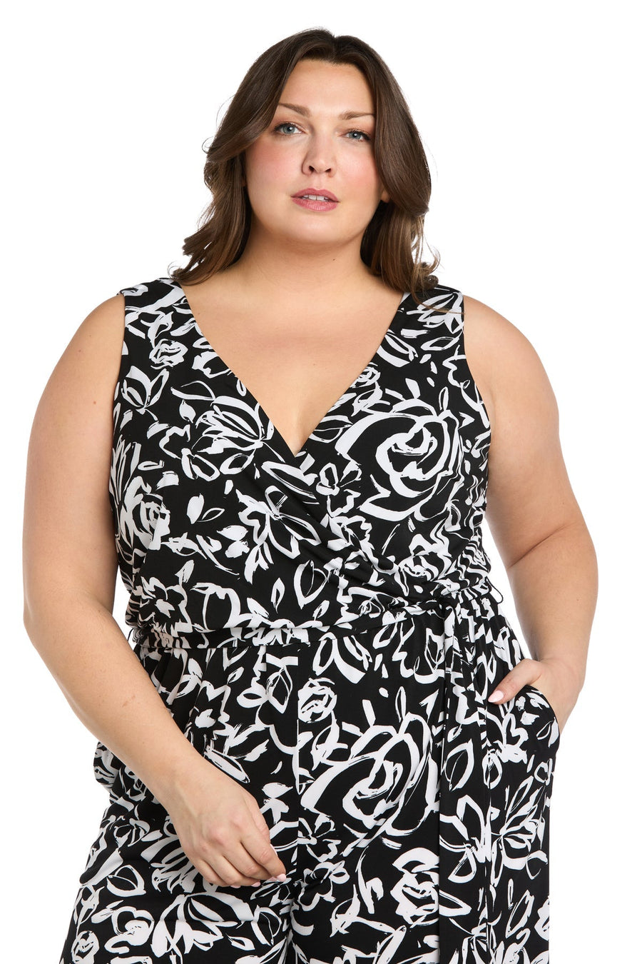 Plus Size Dresses Plus Size Long Formal Pocket Jumpsuit Black/White