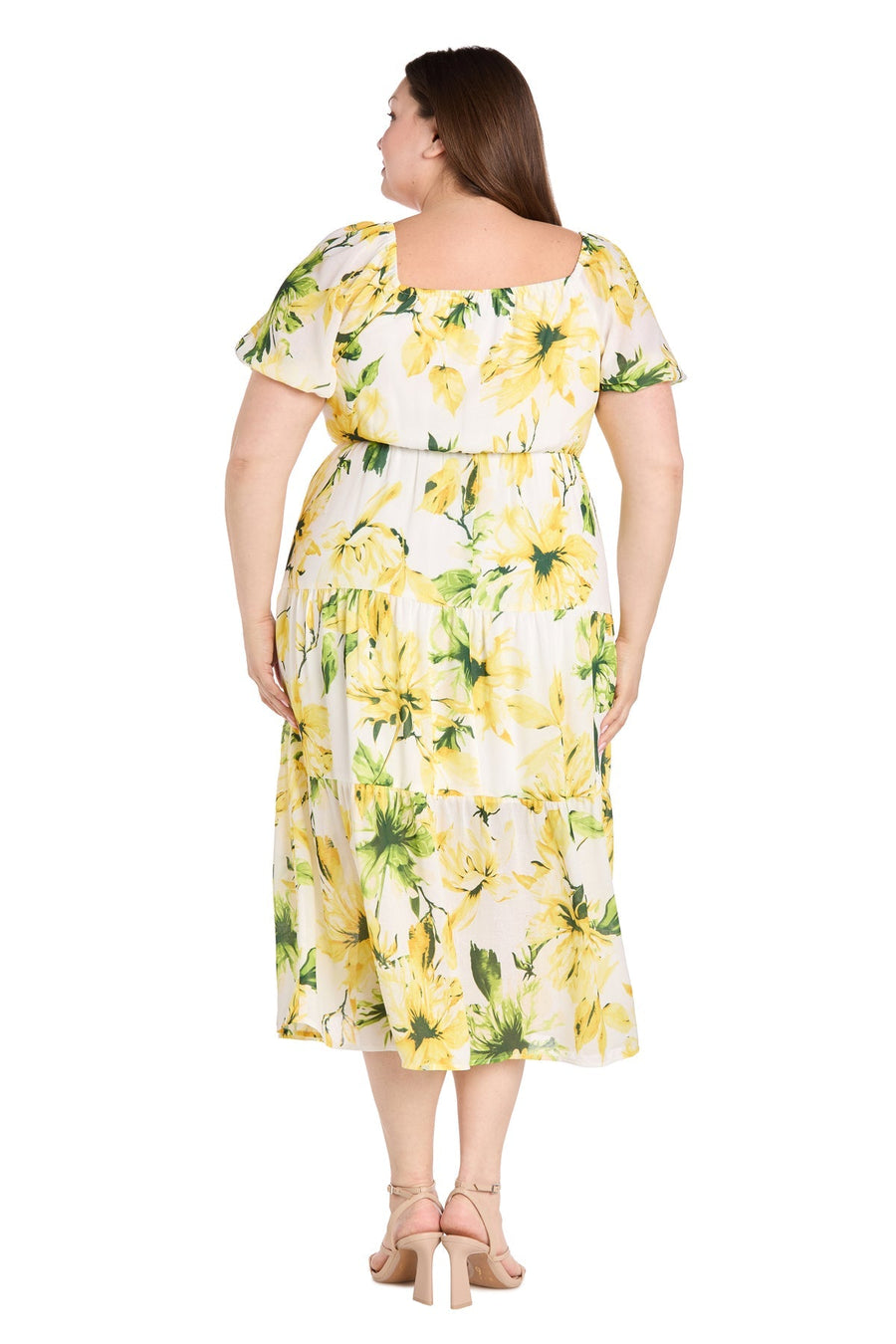 Plus Size Dresses Plus Size Printed Cocktail Midi Length Dress Yellow/Green/White