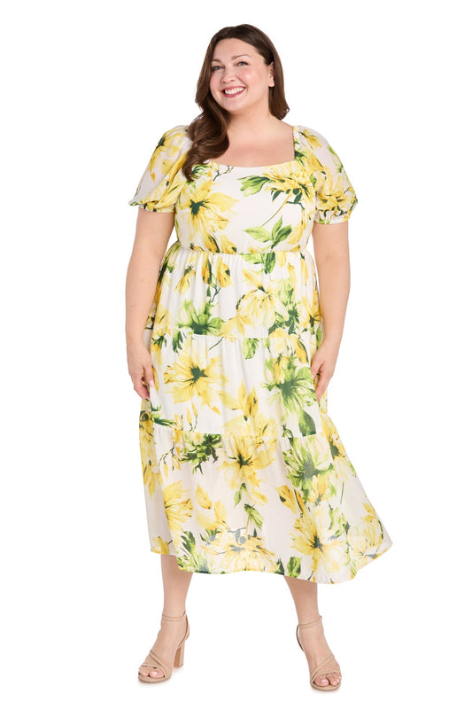 Plus Size Dresses Plus Size Printed Cocktail Midi Length Dress Yellow/Green/White
