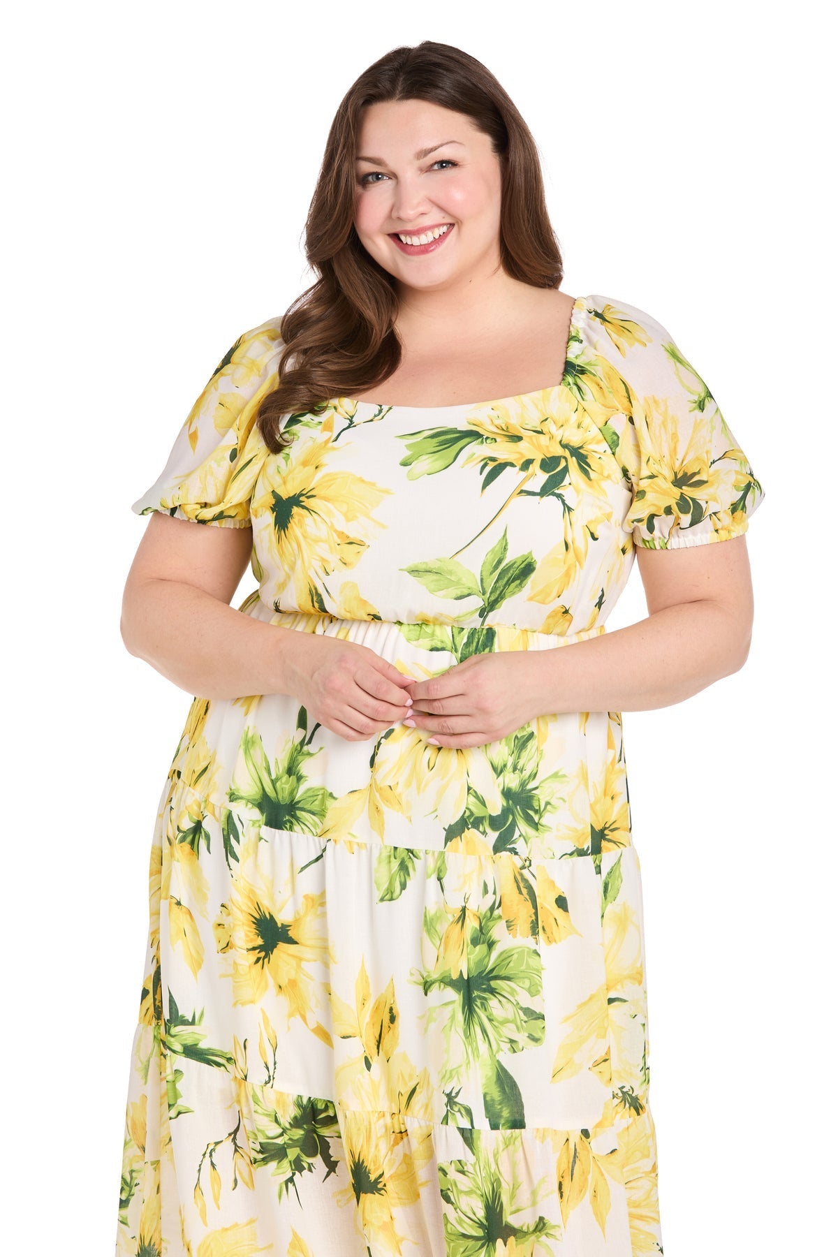 Plus Size Dresses Plus Size Printed Cocktail Midi Length Dress Yellow/Green/White