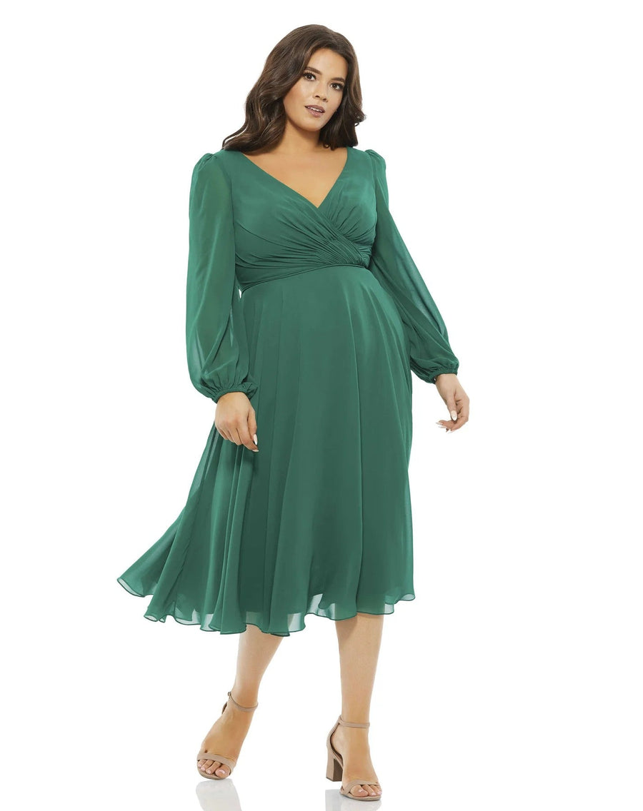 Plus Size Dresses Plus Size Chiffon Bishop Sleeve Surplice Midi Dress Emerald Green