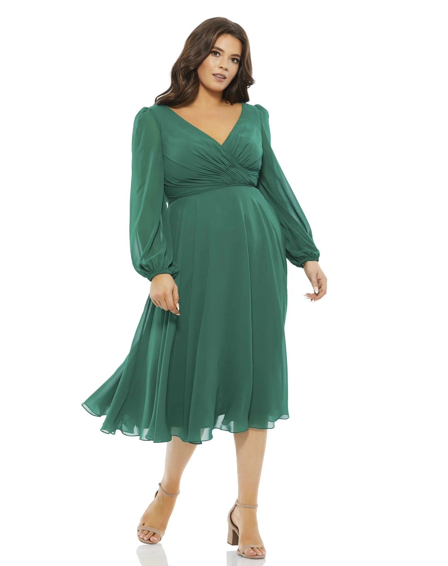 Plus Size Dresses Plus Size Chiffon Bishop Sleeve Surplice Midi Dress Emerald Green