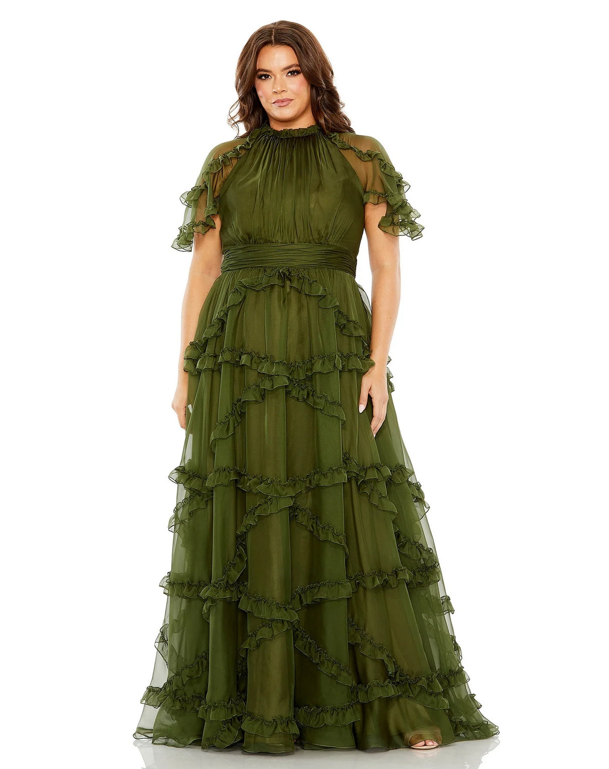 Plus Size Dresses High Neck Ruffle Tiered Flutter Sleeve Plus Size Dress Olive