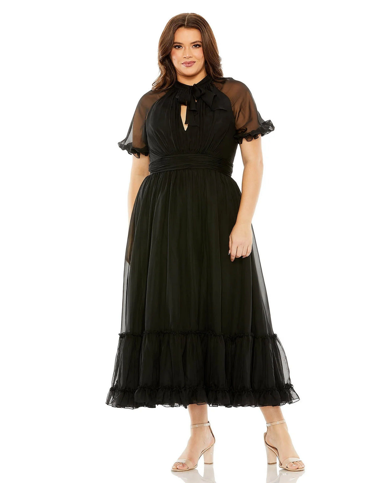 Plus Size Dresses Sheer Puff Sleeve Plus Size Midi Dress Black