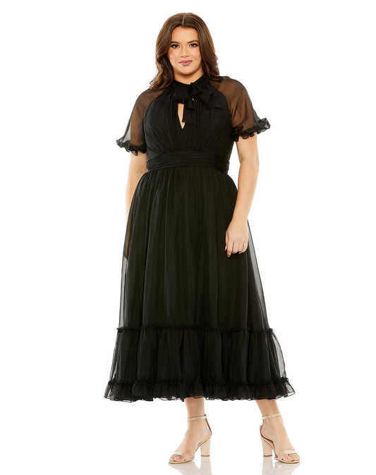 Plus Size Dresses Sheer Puff Sleeve Plus Size Midi Dress Black