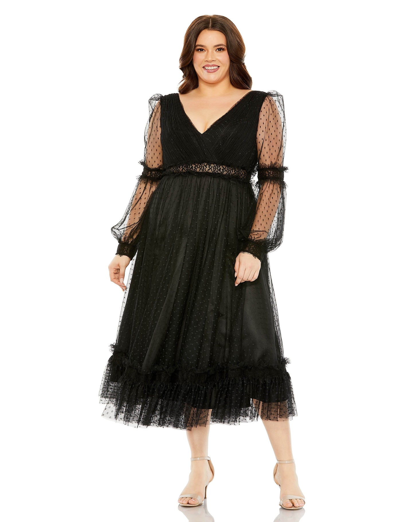 Plus Size Dresses Plus Size Long Sleeve Polka Midi Dress Black