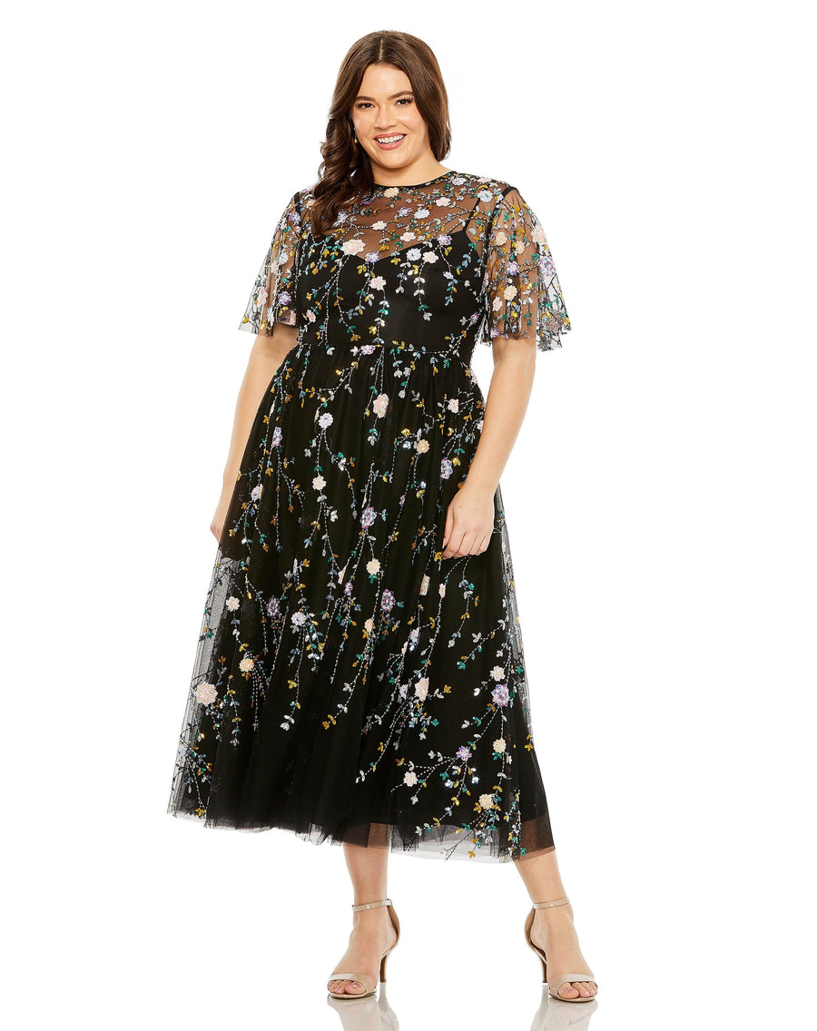 Plus Size Dresses Plus Size Sequin Floral Detail Midi Dress Black Multi