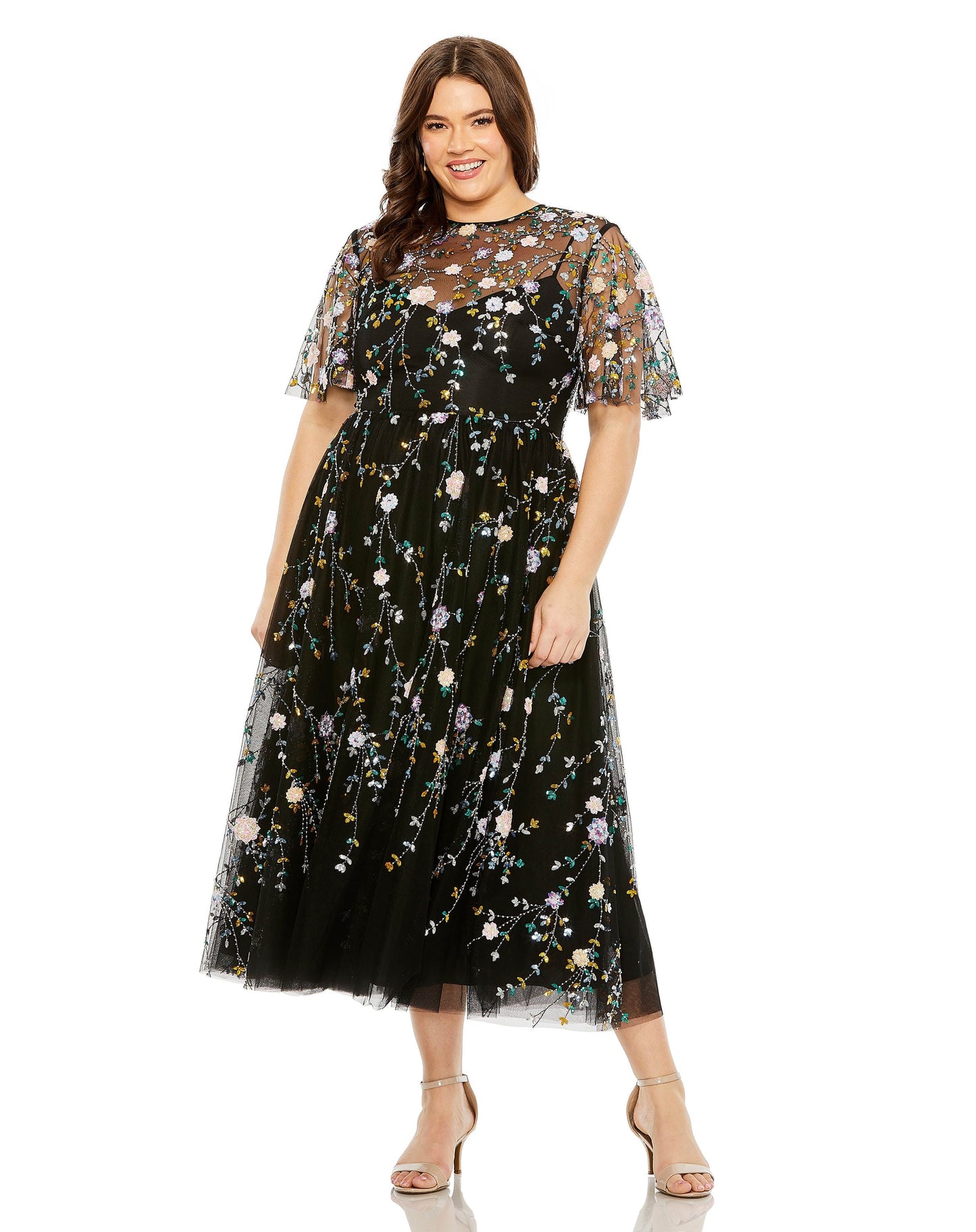Plus Size Dresses Plus Size Sequin Floral Detail Midi Dress Black Multi