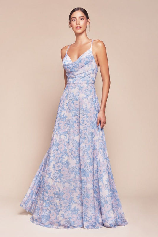 Prom Dresses Long Formal Floral Print Prom Dress Blue