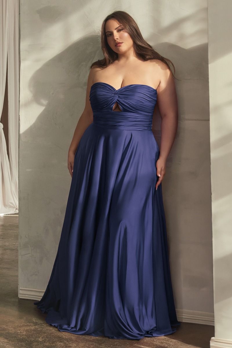 Plus Size Dresses Plus Size Long Formal Strapless Satin A Line Prom Dress Navy