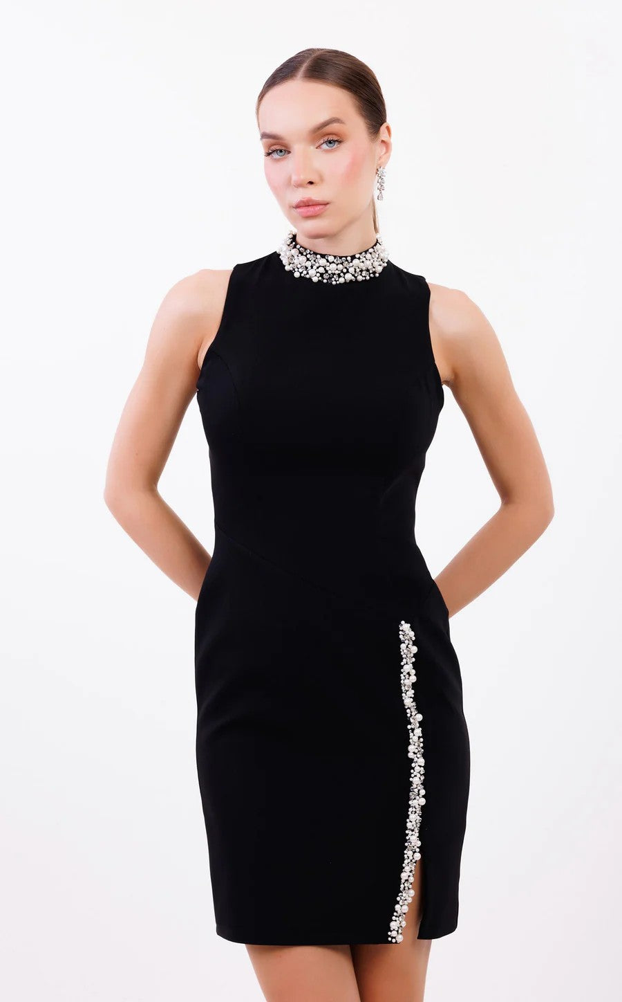 Cocktail Dresses Fitted Slit Short Beaded Cocktail Dress Black