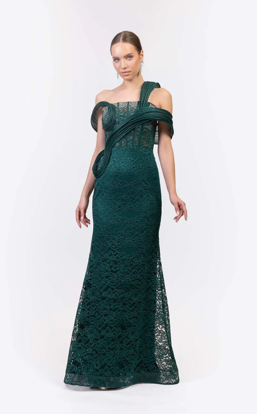 Prom Dresses Beaded Corset Long Formal Lace Prom Dress Green