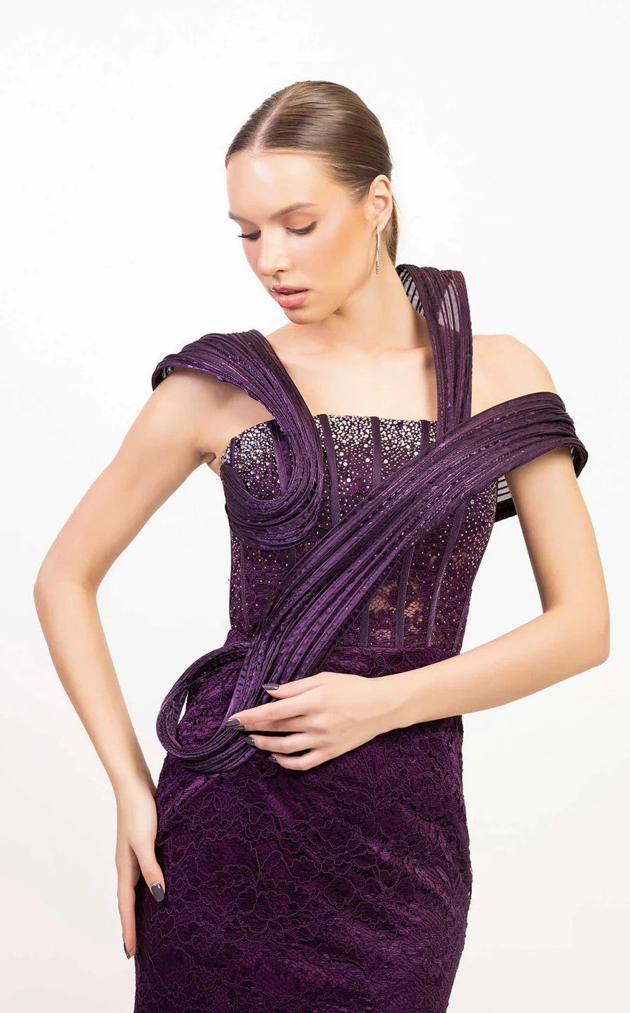 Prom Dresses Beaded Corset Long Formal Lace Prom Dress Purple