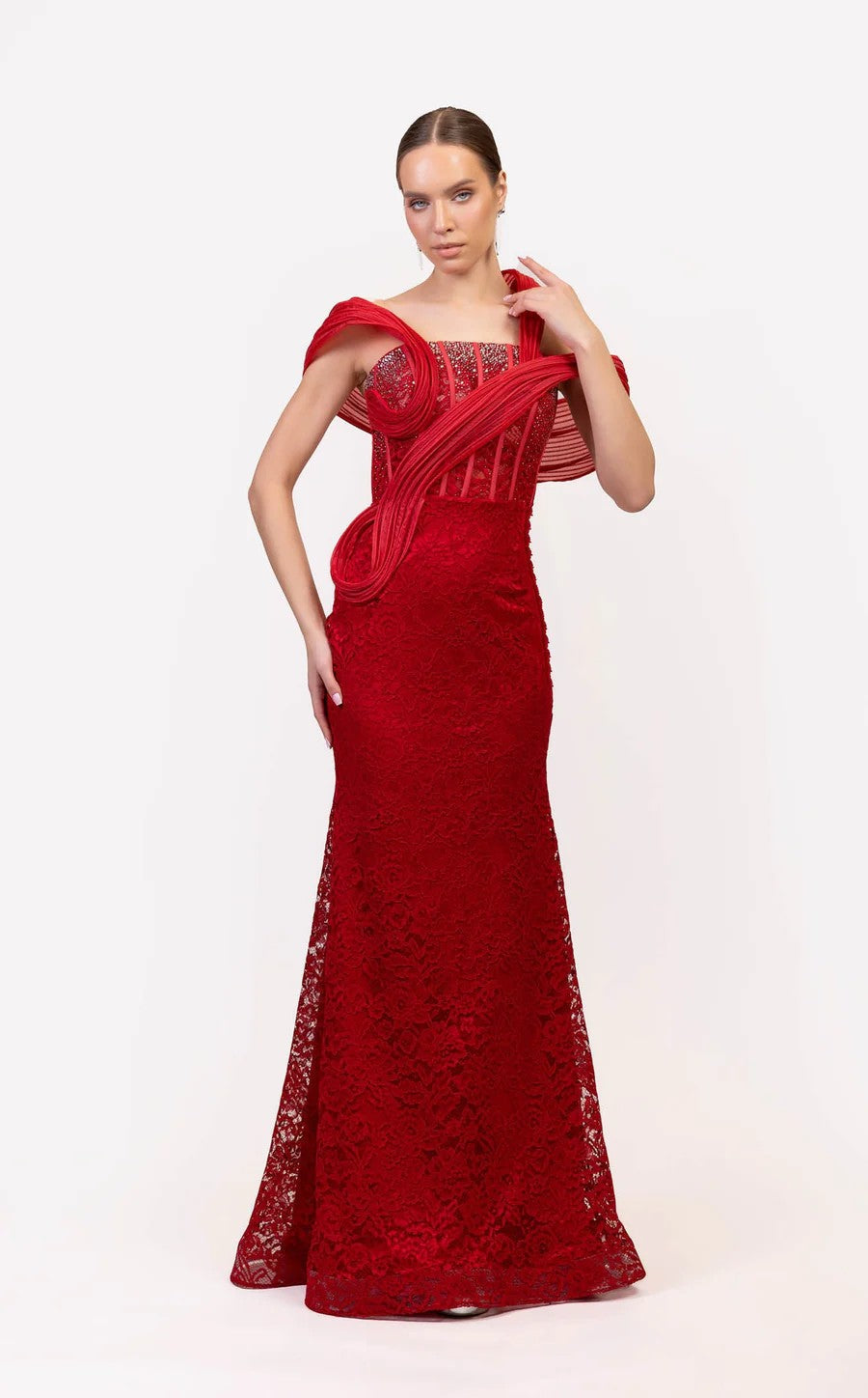 Prom Dresses Beaded Corset Long Formal Lace Prom Dress Red