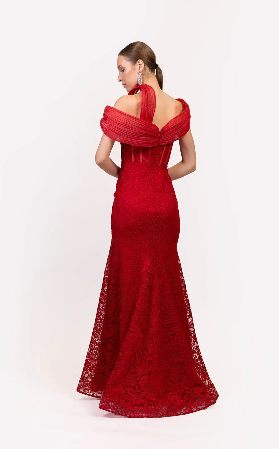 Prom Dresses Beaded Corset Long Formal Lace Prom Dress Red