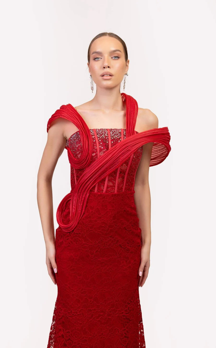 Prom Dresses Beaded Corset Long Formal Lace Prom Dress Red