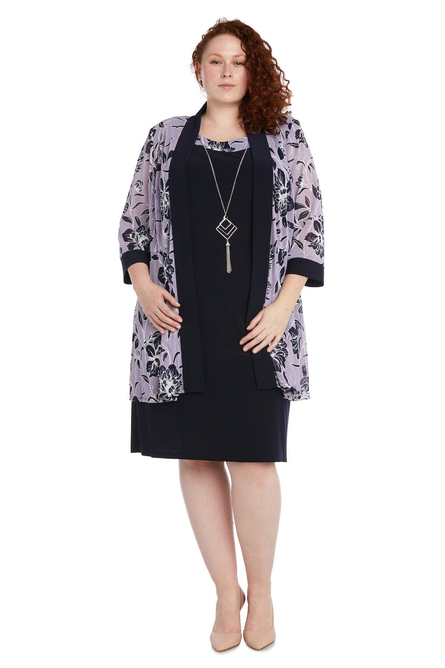 Plus Size Dresses Plus Size Short Two Piece Printed Jacket Dress Navy/Lavender