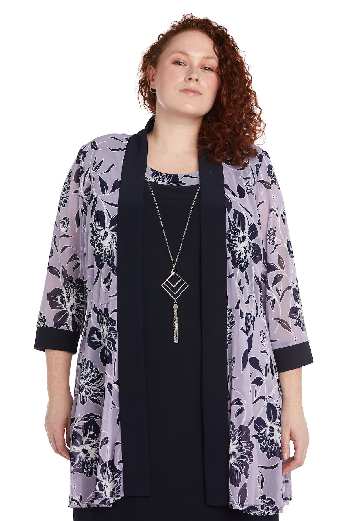 Plus Size Dresses Plus Size Short Two Piece Printed Jacket Dress Navy/Lavender