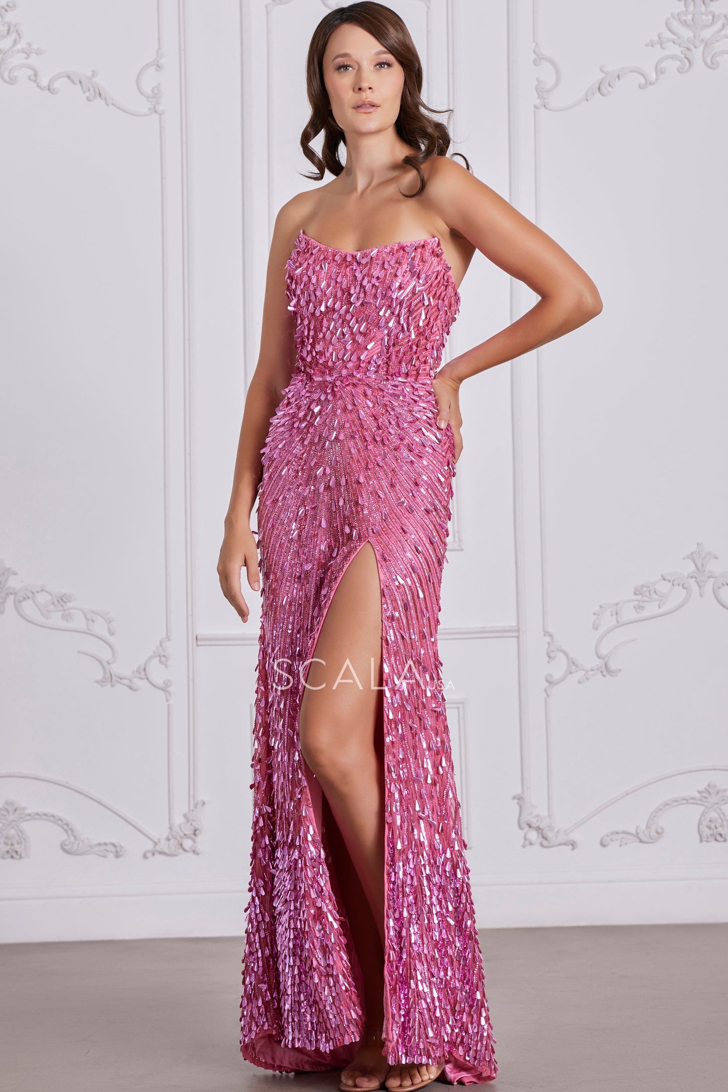 Prom Dresses Long Formal Beaded Slit Sequin Evening Prom Dress Dusty Light Pink