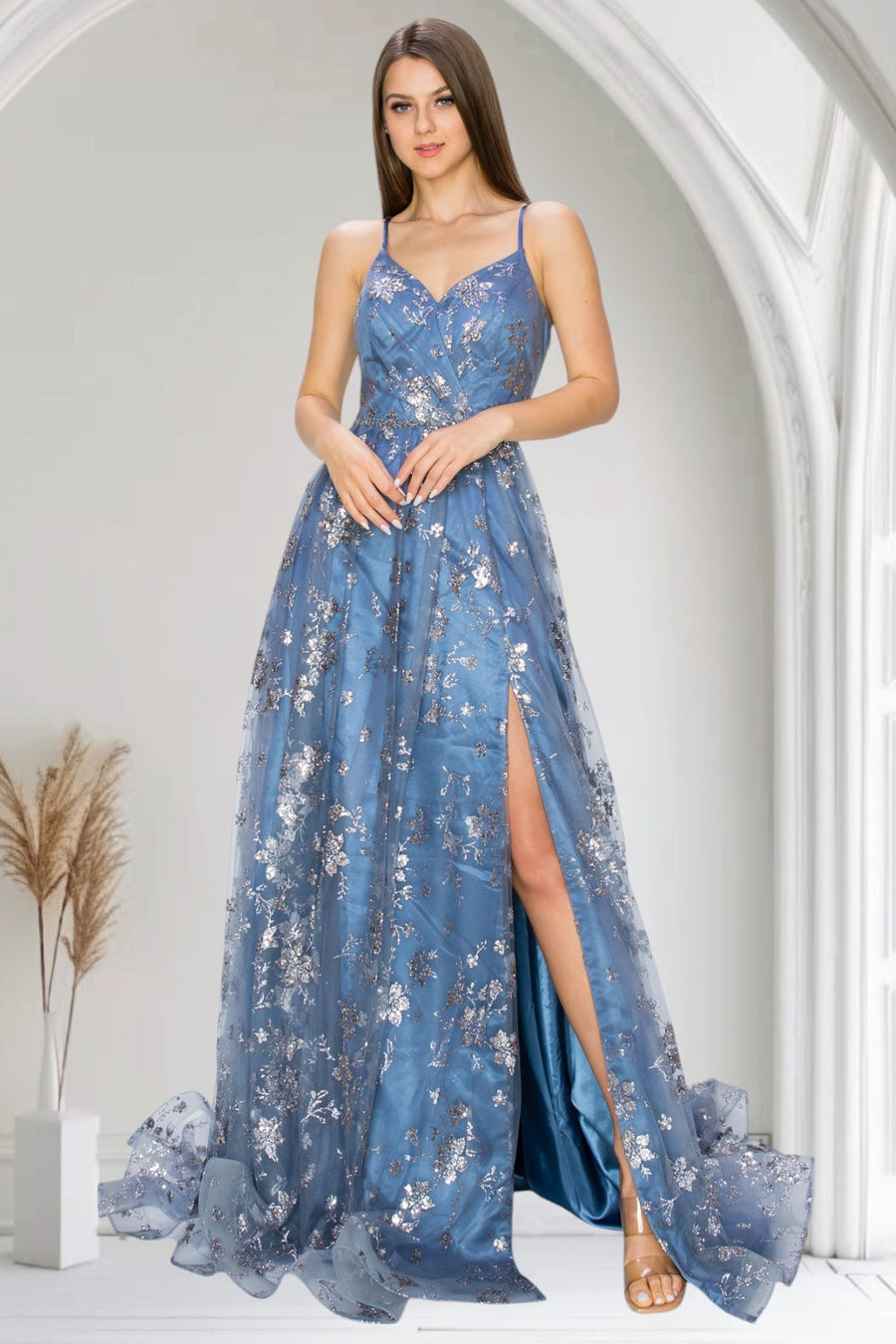 Prom Dresses Prom Long Glitter Print A Line Formal Dress Dusty Blue
